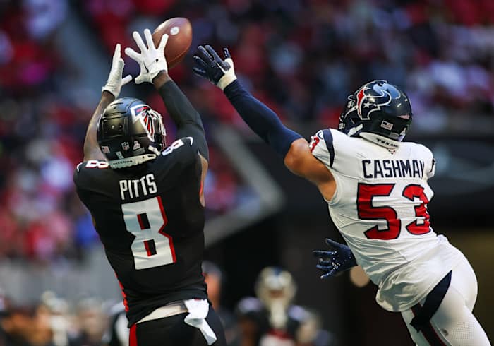 Oct 8, 2023; Atlanta, Georgia, USA; Houston Texans linebacker Blake Cashman (53) defends a pass intended for Atlanta Falcons tight end Kyle Pitts (8) in the second quarter at Mercedes-Benz Stadium.